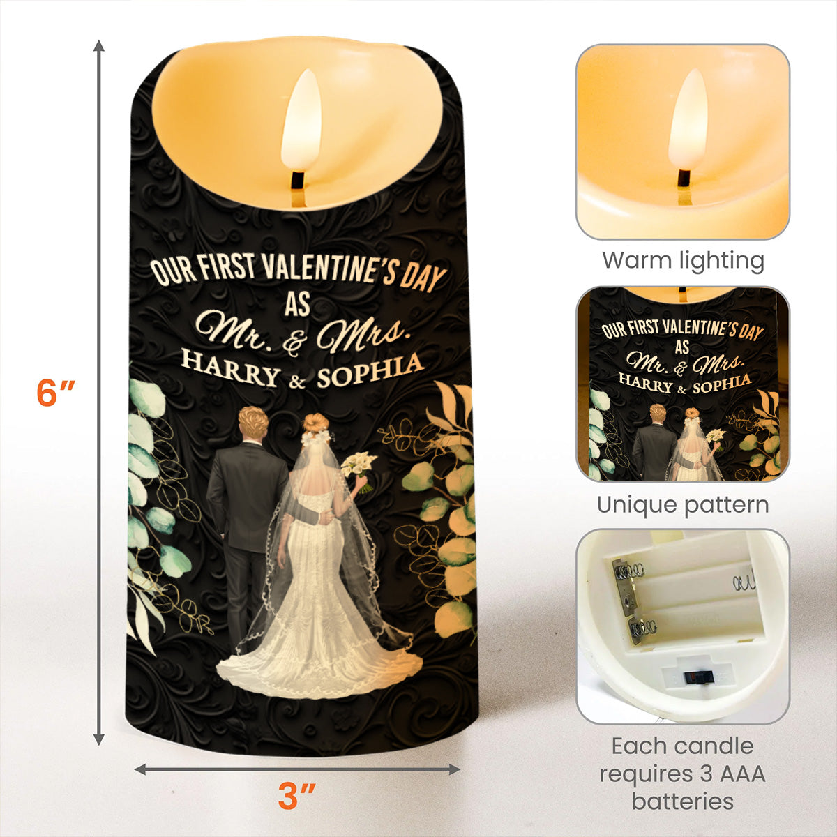 Our First Valentine's Day As Mr. & Mrs., Couple And Flowers - Personalized Custom LED Candle - CPL991_LECA