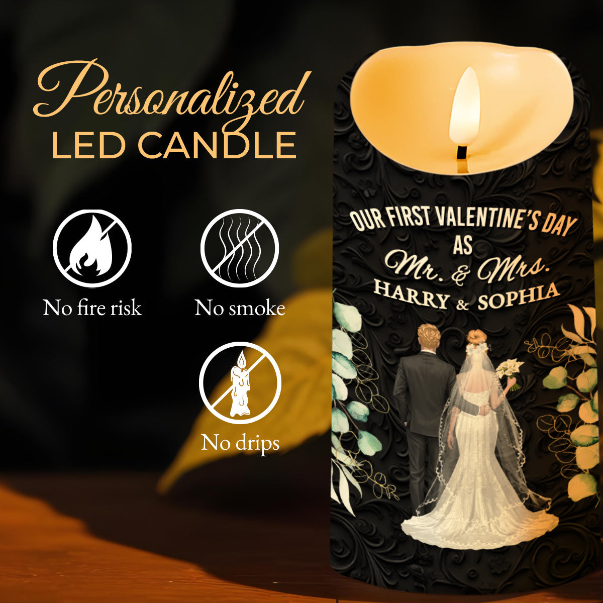 Our First Valentine's Day As Mr. & Mrs., Couple And Flowers - Personalized Custom LED Candle - CPL991_LECA