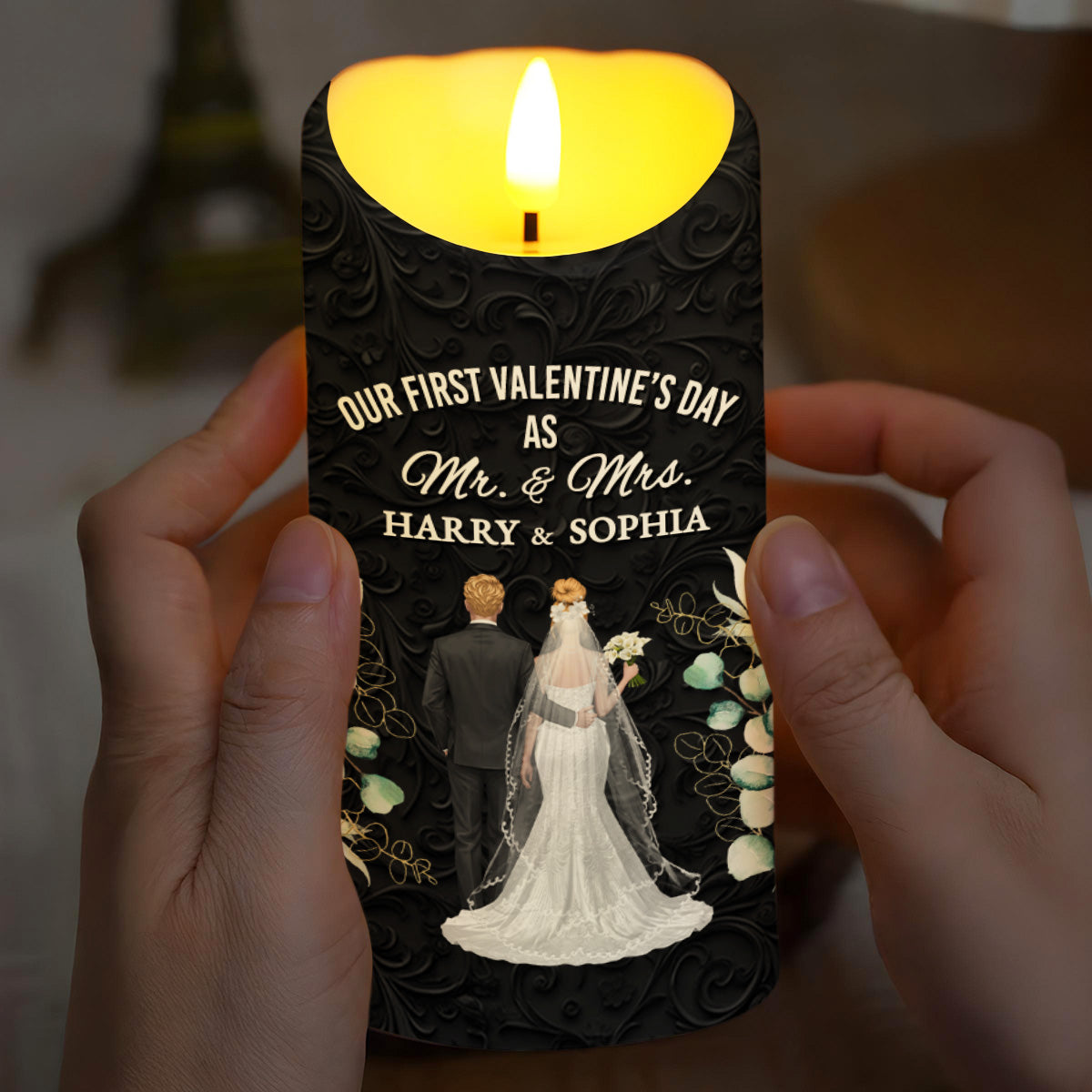 Our First Valentine's Day As Mr. & Mrs., Couple And Flowers - Personalized Custom LED Candle - CPL991_LECA