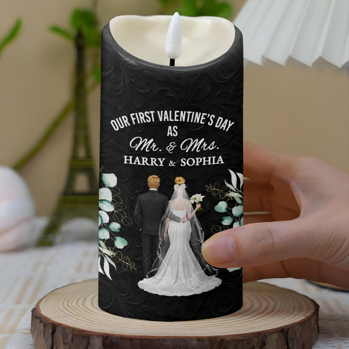 Our First Valentine's Day As Mr. & Mrs., Couple And Flowers - Personalized Custom LED Candle - CPL991_LECA