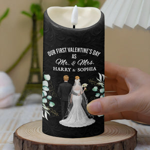 Our First Valentine's Day As Mr. & Mrs., Couple And Flowers - Personalized Custom LED Candle - CPL991_LECA