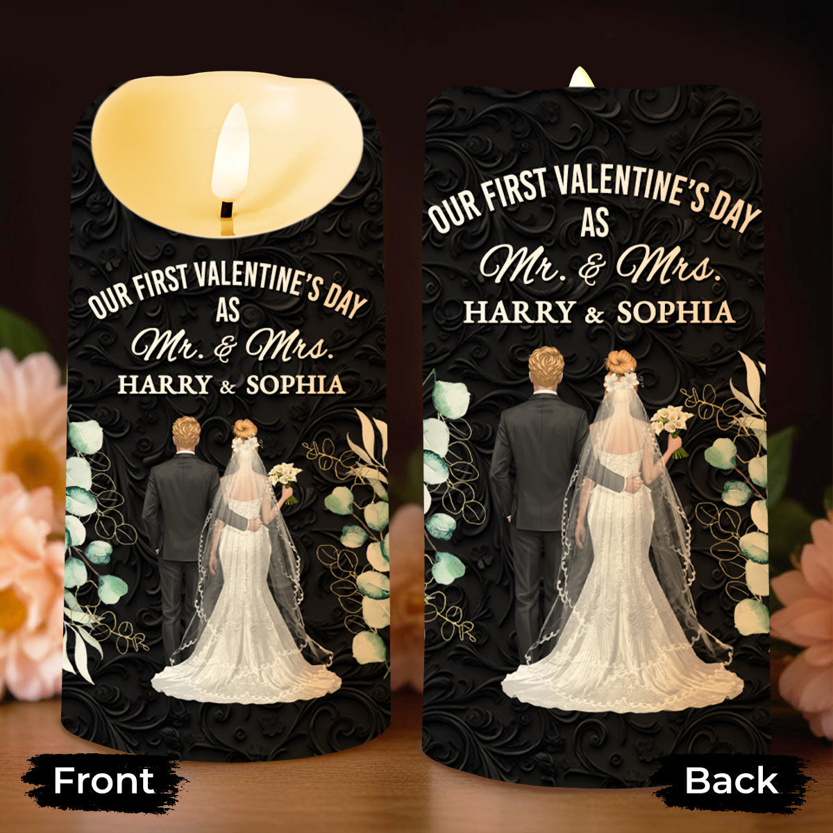Our First Valentine's Day As Mr. & Mrs., Couple And Flowers - Personalized Custom LED Candle - CPL991_LECA
