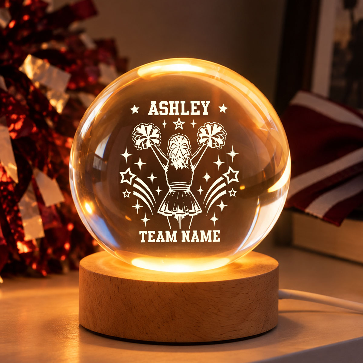 Proud Cheerleader Custom Name And Team Name - Personalized Crystal Ball LED Night Light