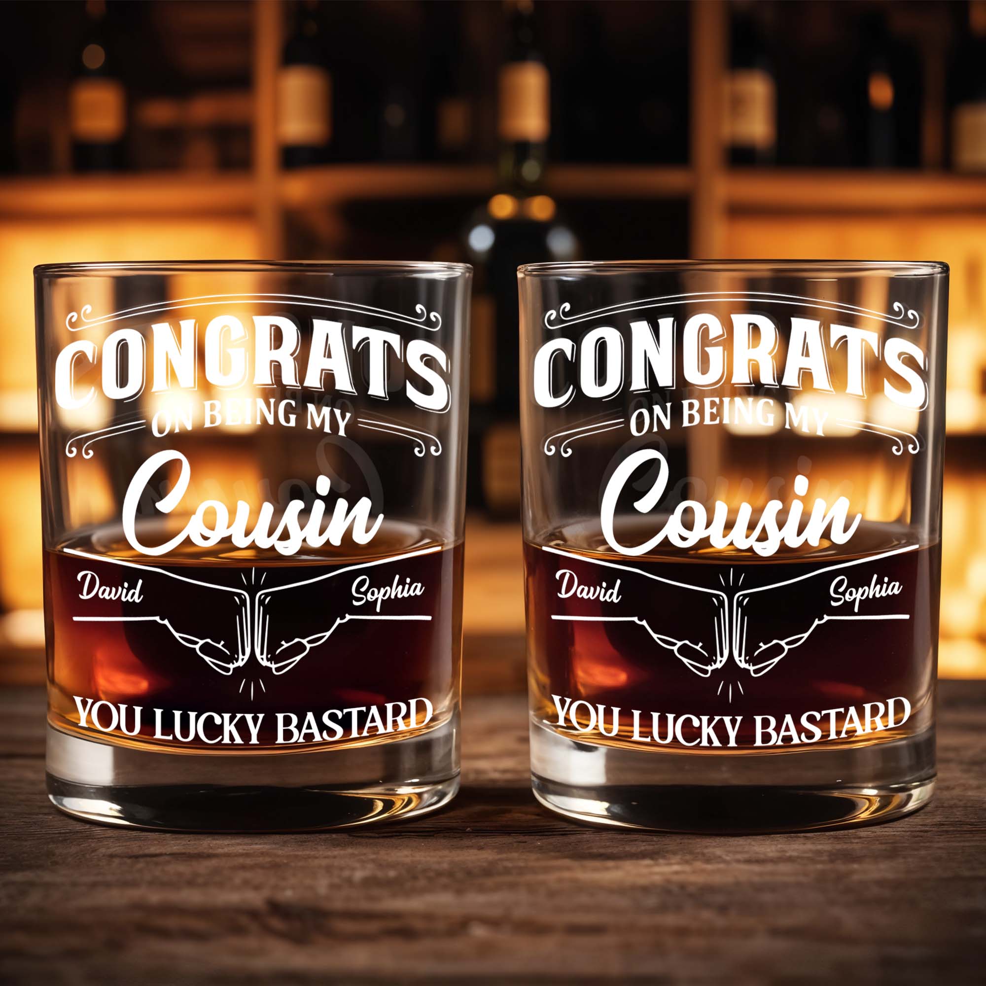 Congrats On Being My Cousin, Whiskey Glass With Hands Shaking Design - Personalized Custom Whiskey Glass - CSN002_RWG