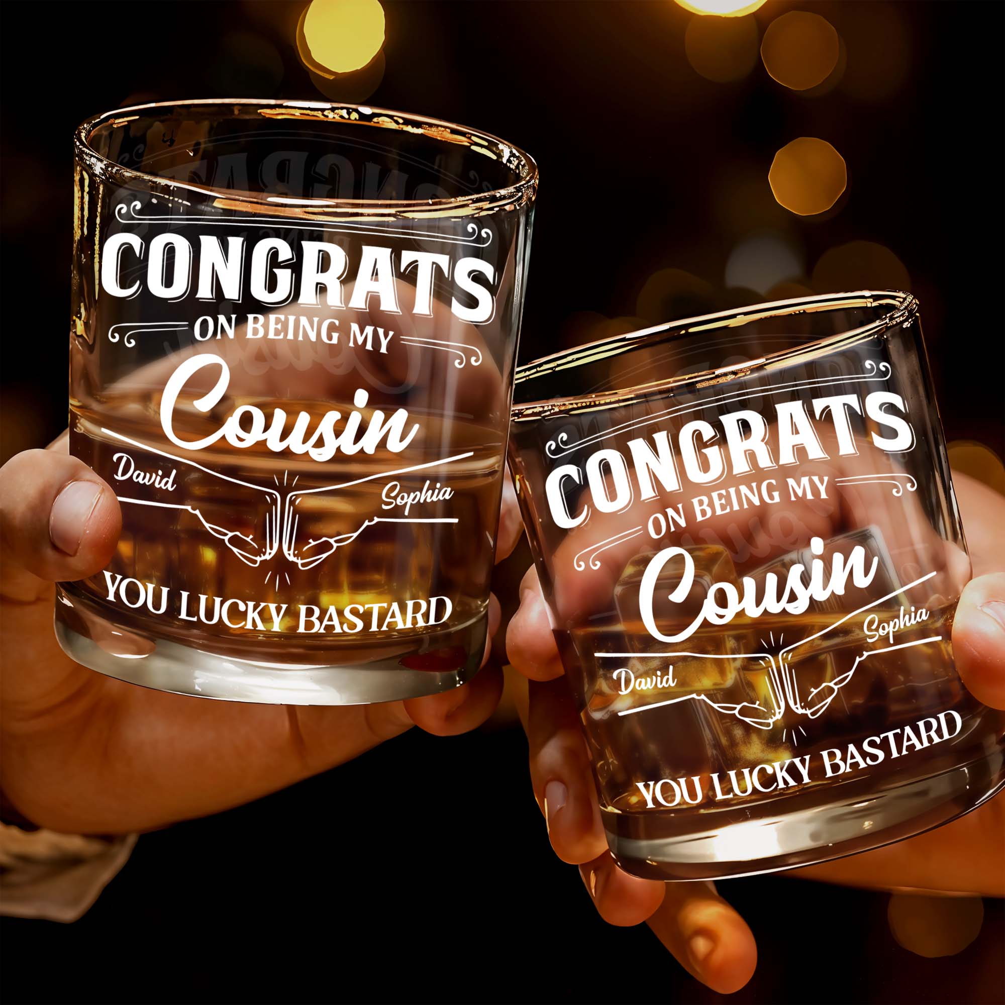Congrats On Being My Cousin, Whiskey Glass With Hands Shaking Design - Personalized Custom Whiskey Glass - CSN002_RWG