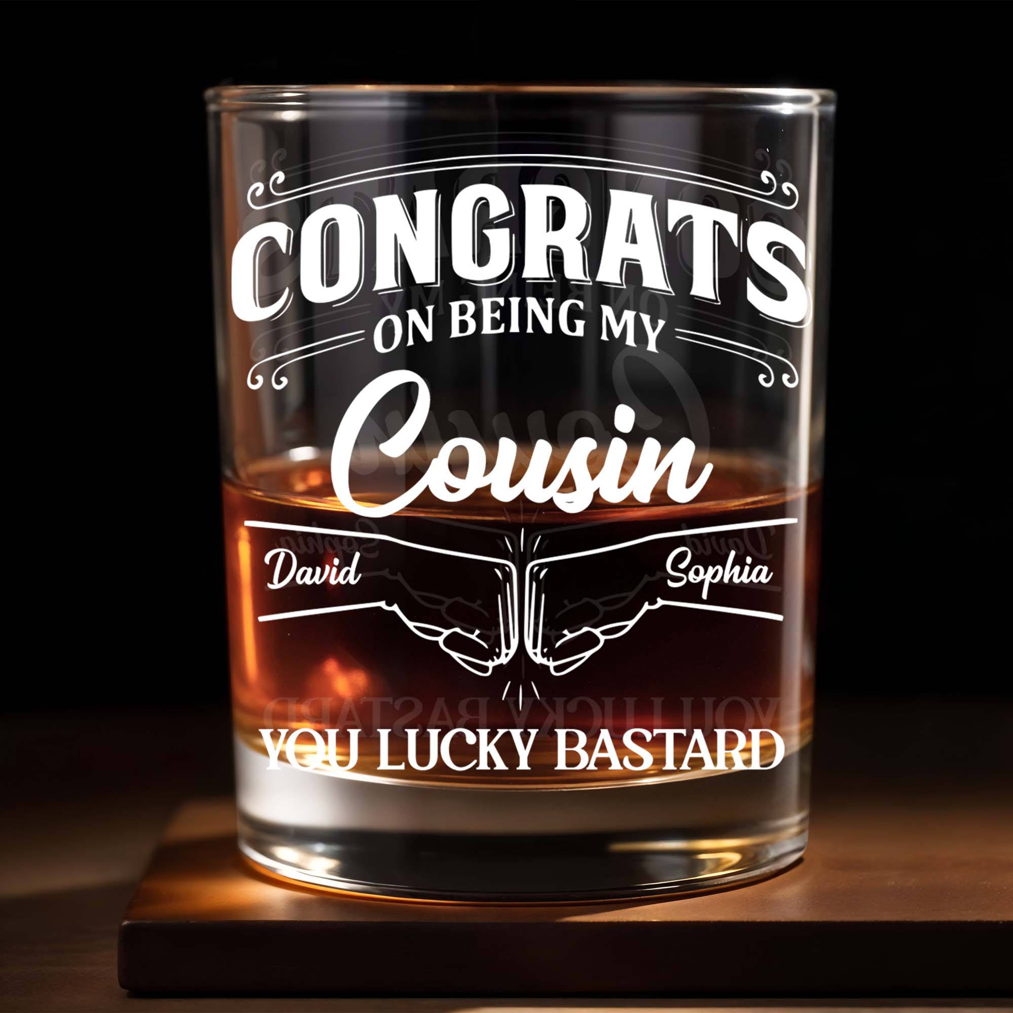 Congrats On Being My Cousin, Whiskey Glass With Hands Shaking Design - Personalized Custom Whiskey Glass - CSN002_RWG