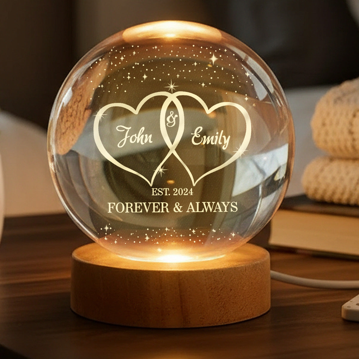 Eternal Love Galaxy Couple Hearts - Personalized Crystal Ball LED Night Light