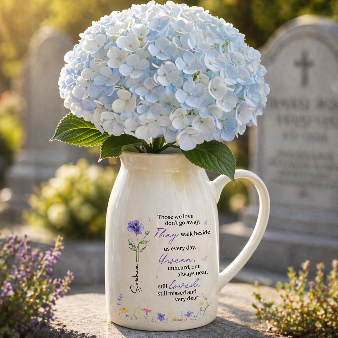 Those We Love Don't Go Away Memorial Flower Vase With Birth Month Flowers - Personalized Ceramic Flower Vase