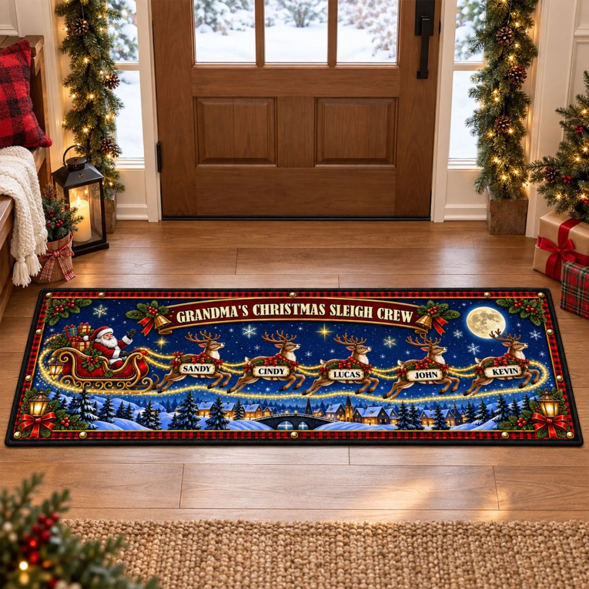 Christmas Reindeer Crew personalized runner rug