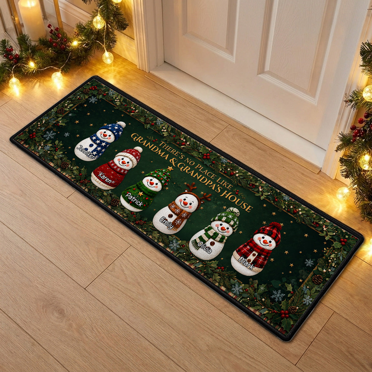 Cozy Snowman Family personalized runner rug