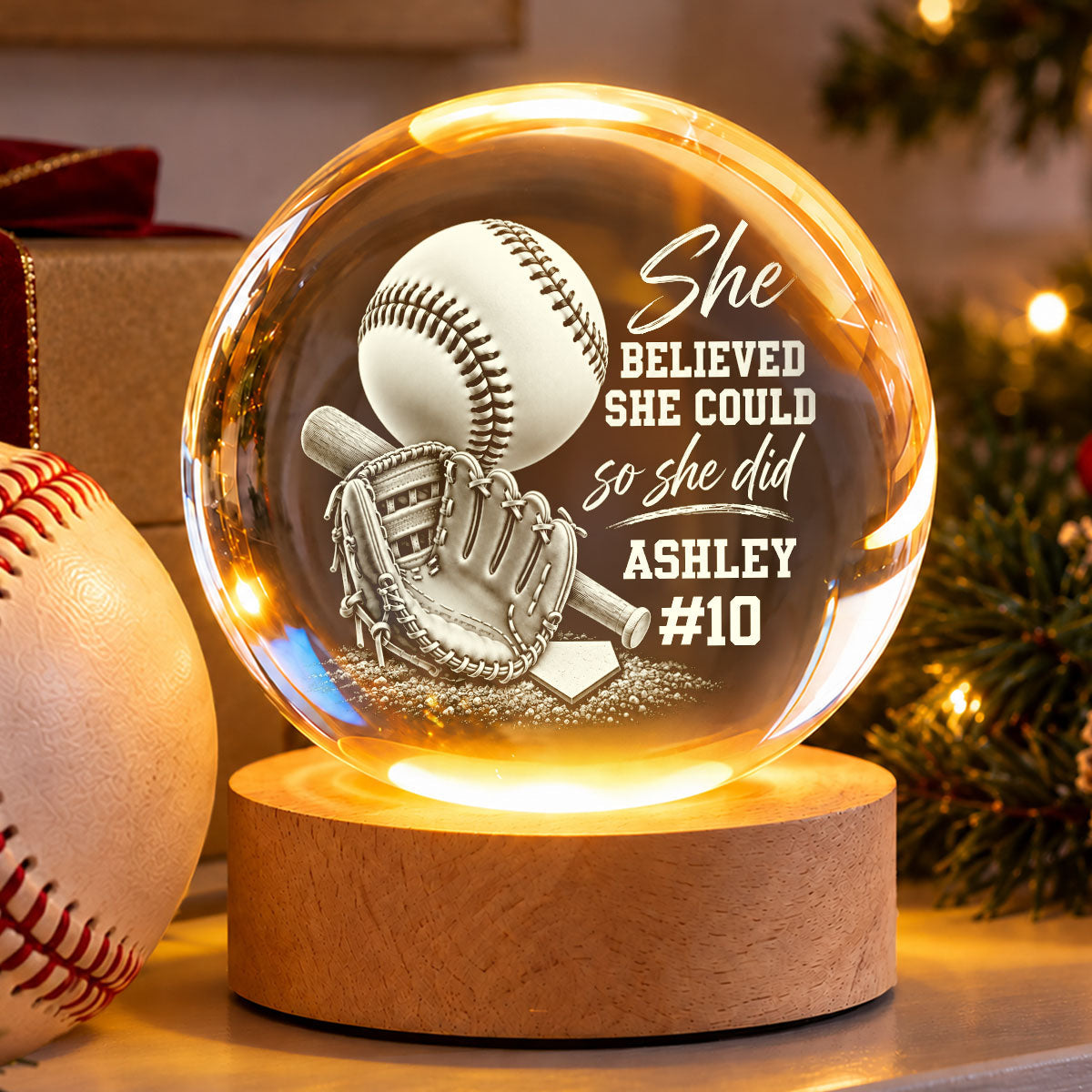 Proud Baseball Player Name And Number - Personalized Crystal Ball LED Night Light