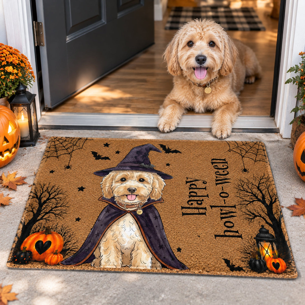 Custom Pet Portrait Watercolor Art Happy Halloween Doormat