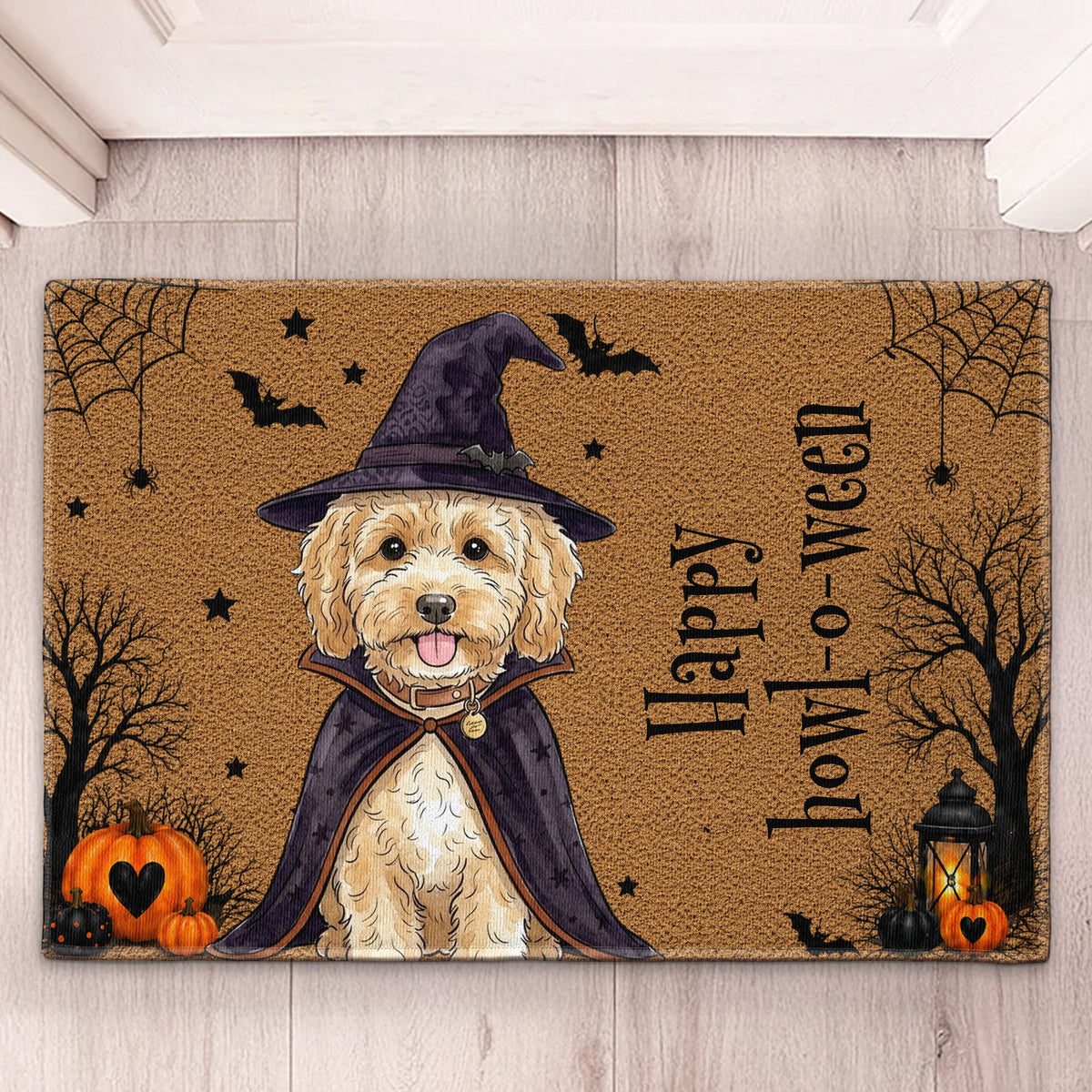 Custom Pet Portrait Watercolor Art Happy Halloween Doormat