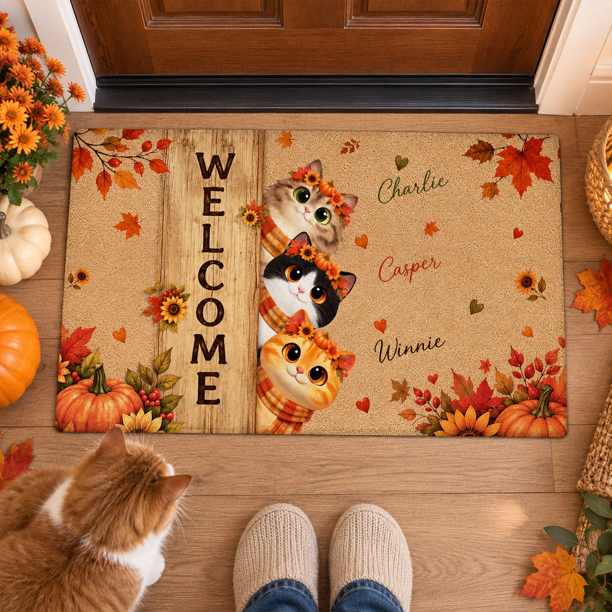 Cozy Fall Cat Welcome - Personalized Doormat