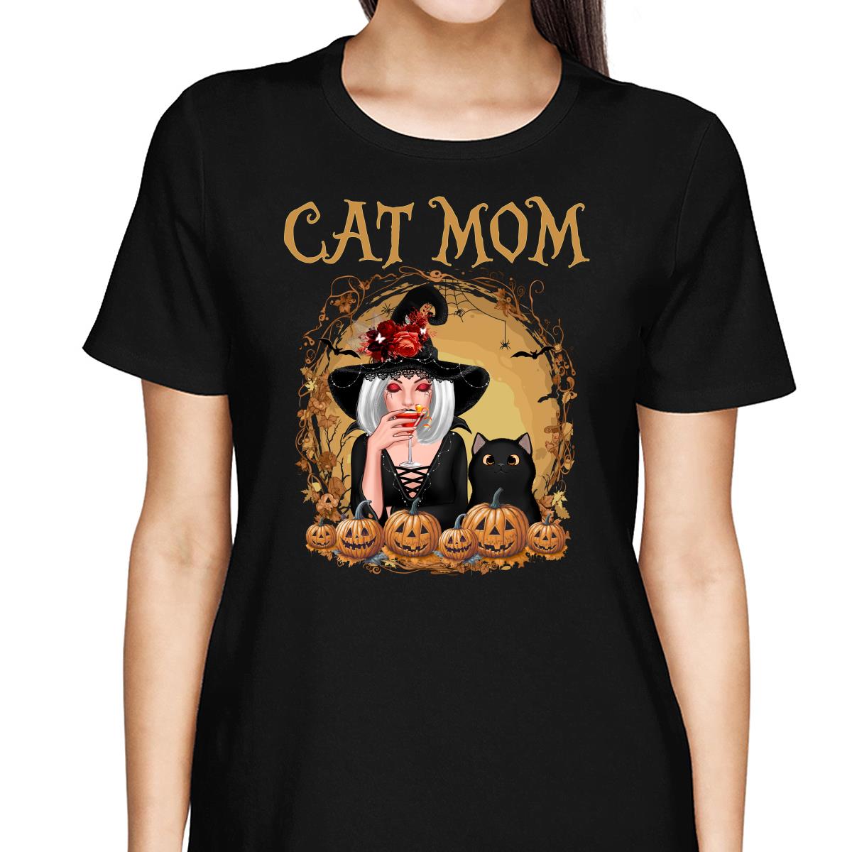 Vintage Orange Halloween Cat Mom Cat Witch - Personalized Shirt - Gift For Mom