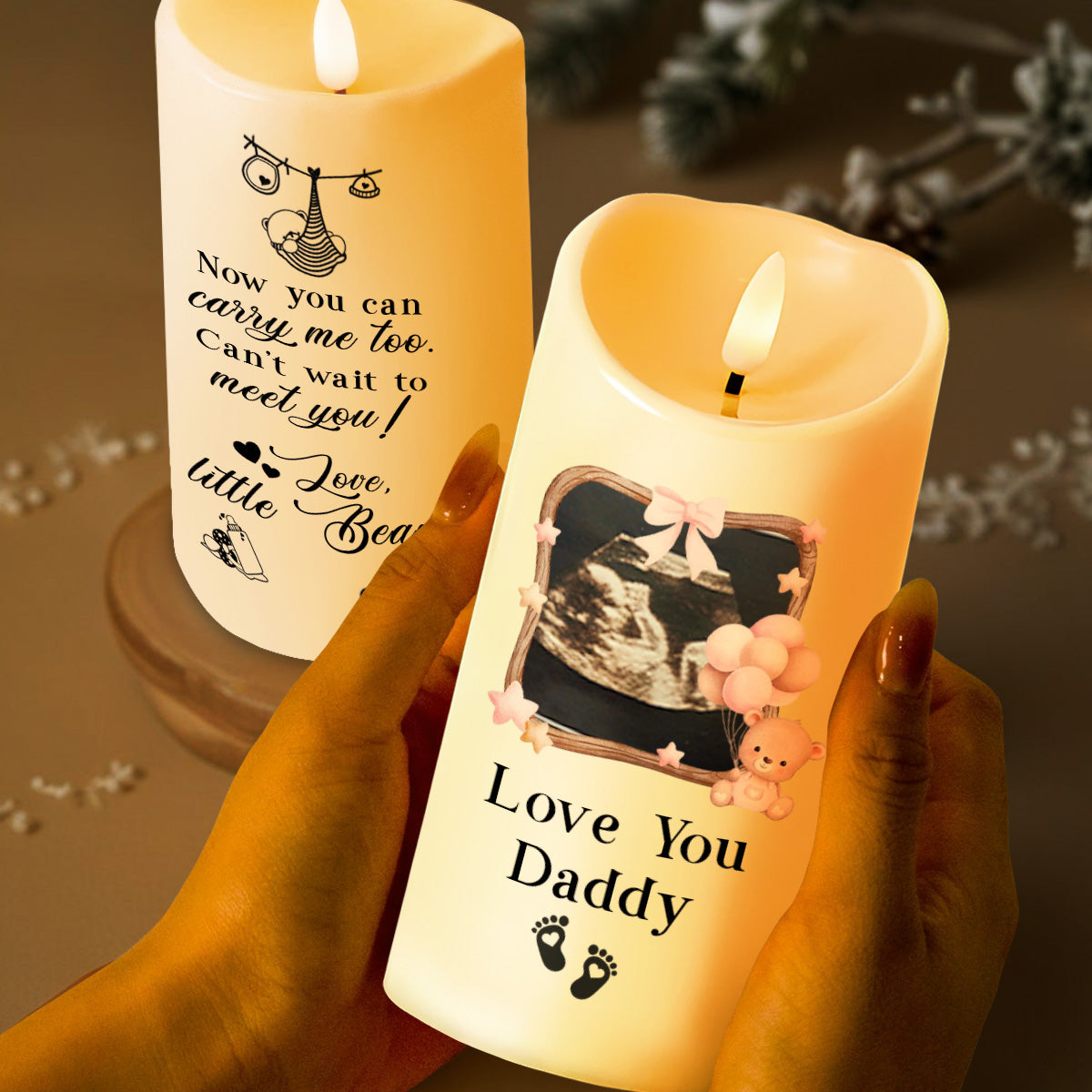 Can't Wait To Meet You Love Little Bean With Ultrasound And Heart Motifs - Personalized Custom LED Candle - DAD014_LECA