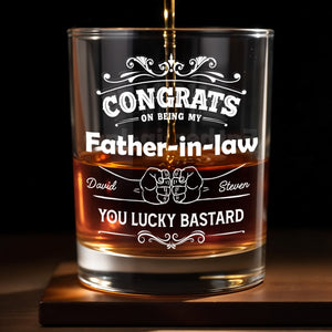 CONGRATS On Being My Father-in-law YOU LUCKY BASTARD, Congratulatory Banners and Clenched Fists - Personalized Custom Whiskey Glass - DAD037_RWG