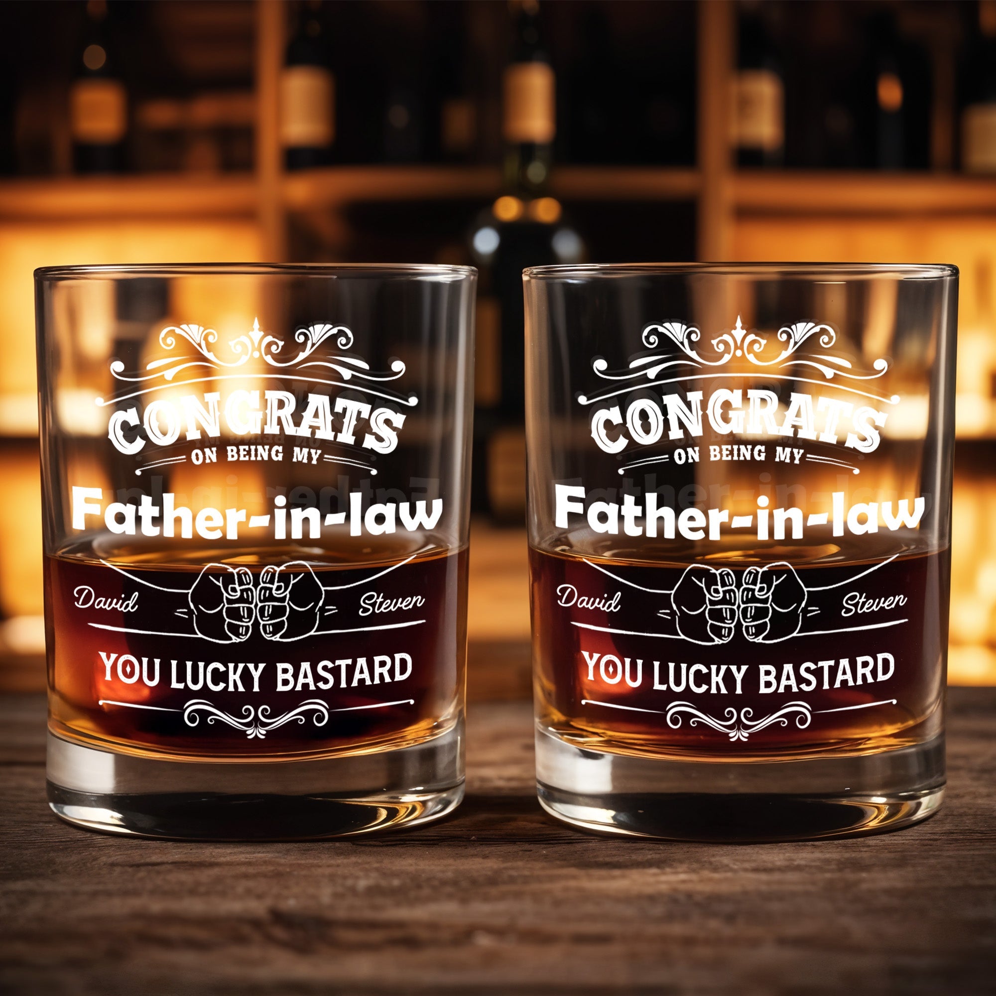 CONGRATS On Being My Father-in-law YOU LUCKY BASTARD, Congratulatory Banners and Clenched Fists - Personalized Custom Whiskey Glass - DAD037_RWG