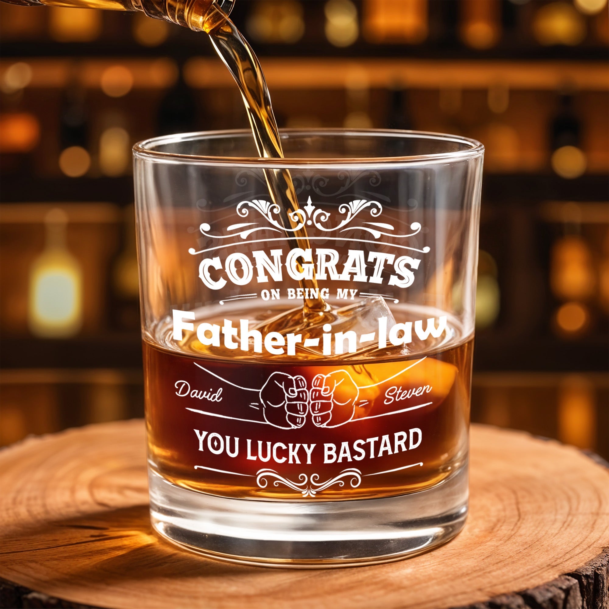 CONGRATS On Being My Father-in-law YOU LUCKY BASTARD, Congratulatory Banners and Clenched Fists - Personalized Custom Whiskey Glass - DAD037_RWG