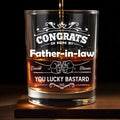 CONGRATS On Being My Father-in-law YOU LUCKY BASTARD, Congratulatory Banners and Clenched Fists - Personalized Custom Whiskey Glass - DAD037_RWG