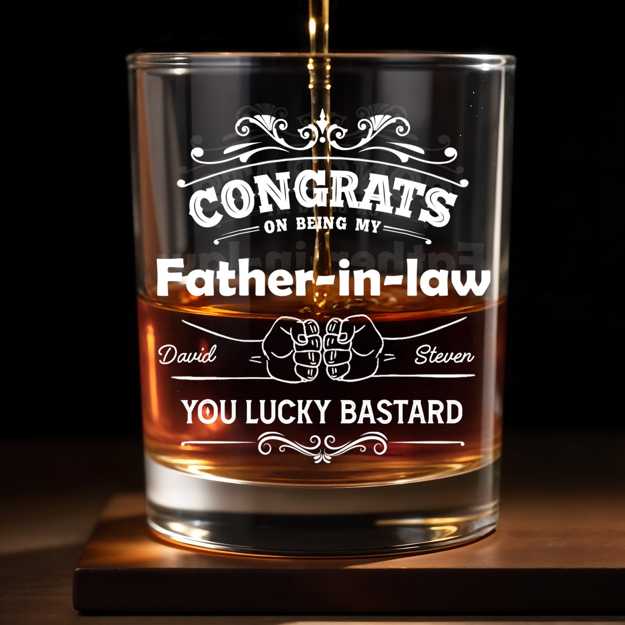 CONGRATS On Being My Father-in-law YOU LUCKY BASTARD, Congratulatory Banners and Clenched Fists - Personalized Custom Whiskey Glass - DAD037_RWG