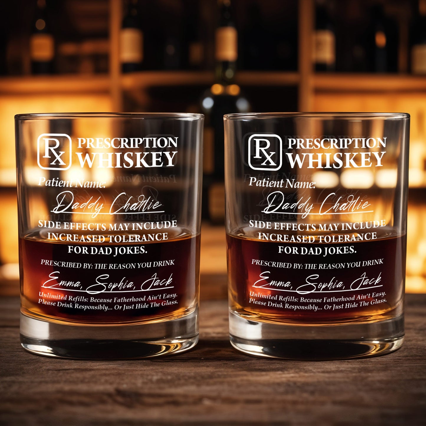 Prescription Whiskey, Side Effects May Include Increased Tolerance For Dad Jokes - Personalized Custom Whiskey Glass - DAD042_RWG