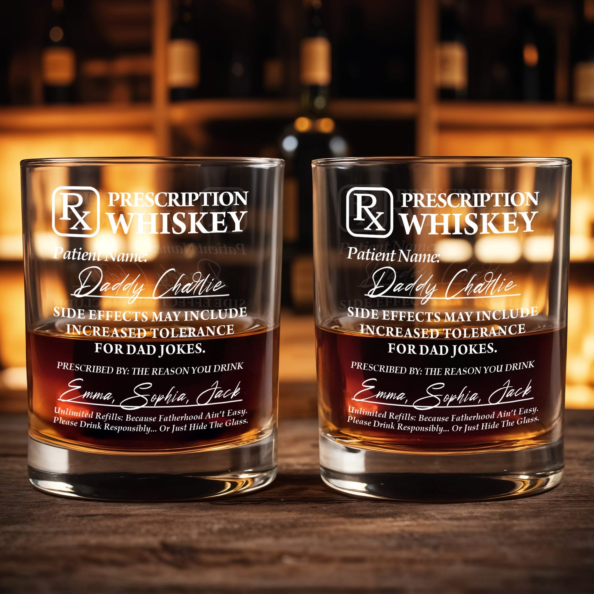 Prescription Whiskey, Side Effects May Include Increased Tolerance For Dad Jokes - Personalized Custom Whiskey Glass - DAD042_RWG