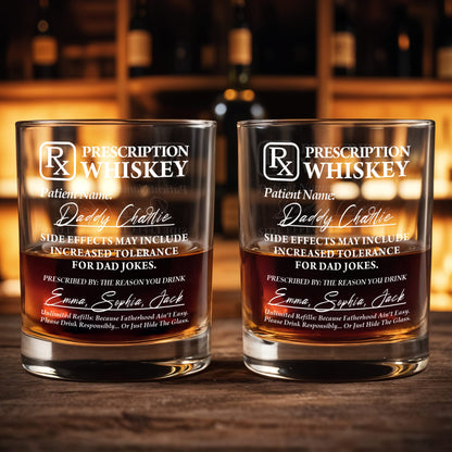 Prescription Whiskey, Side Effects May Include Increased Tolerance For Dad Jokes - Personalized Custom Whiskey Glass - DAD042_RWG