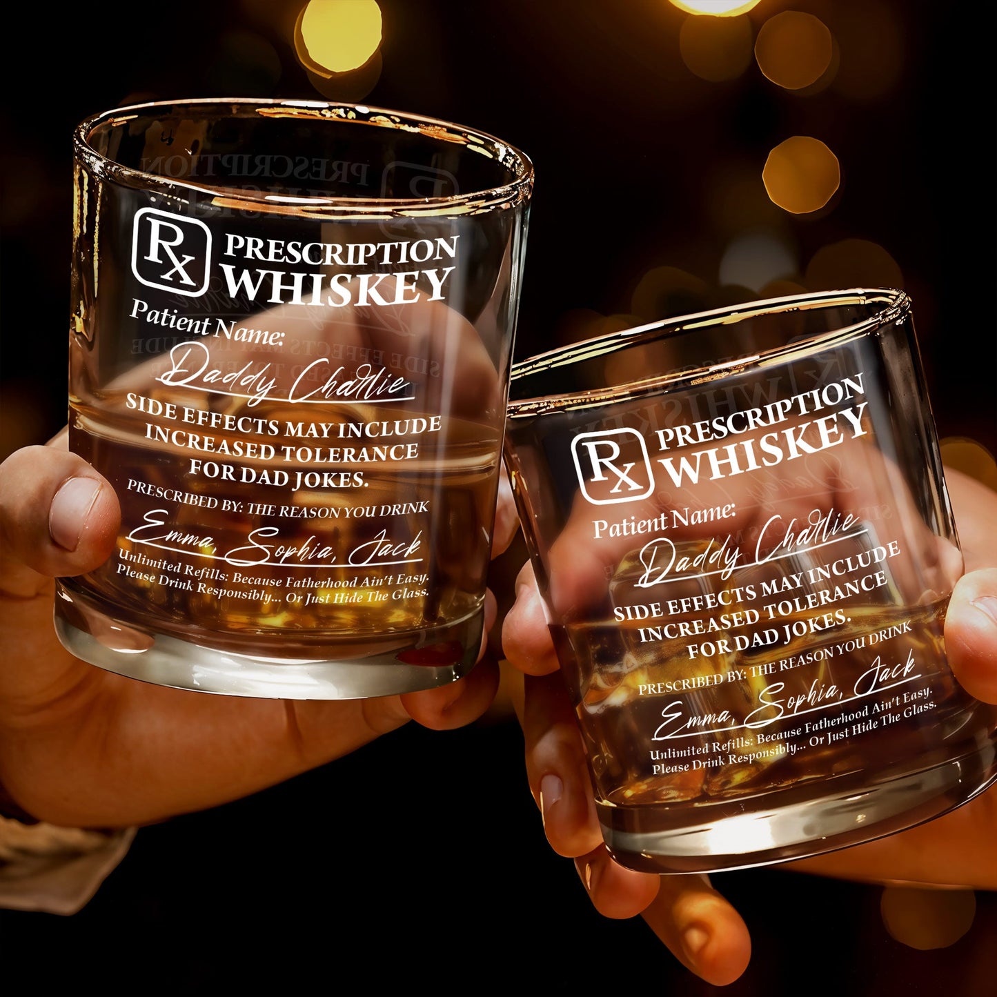 Prescription Whiskey, Side Effects May Include Increased Tolerance For Dad Jokes - Personalized Custom Whiskey Glass - DAD042_RWG