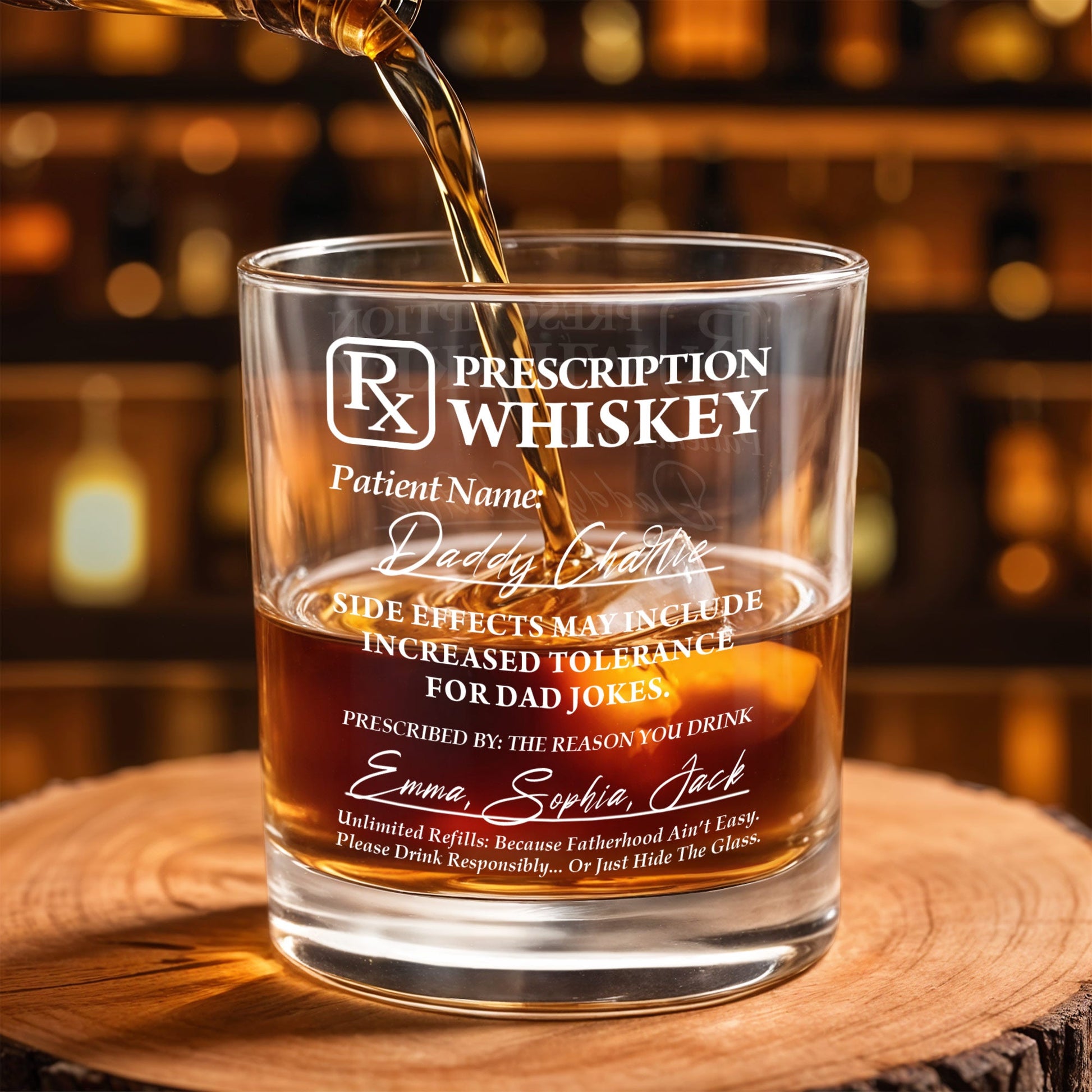 Prescription Whiskey, Side Effects May Include Increased Tolerance For Dad Jokes - Personalized Custom Whiskey Glass - DAD042_RWG