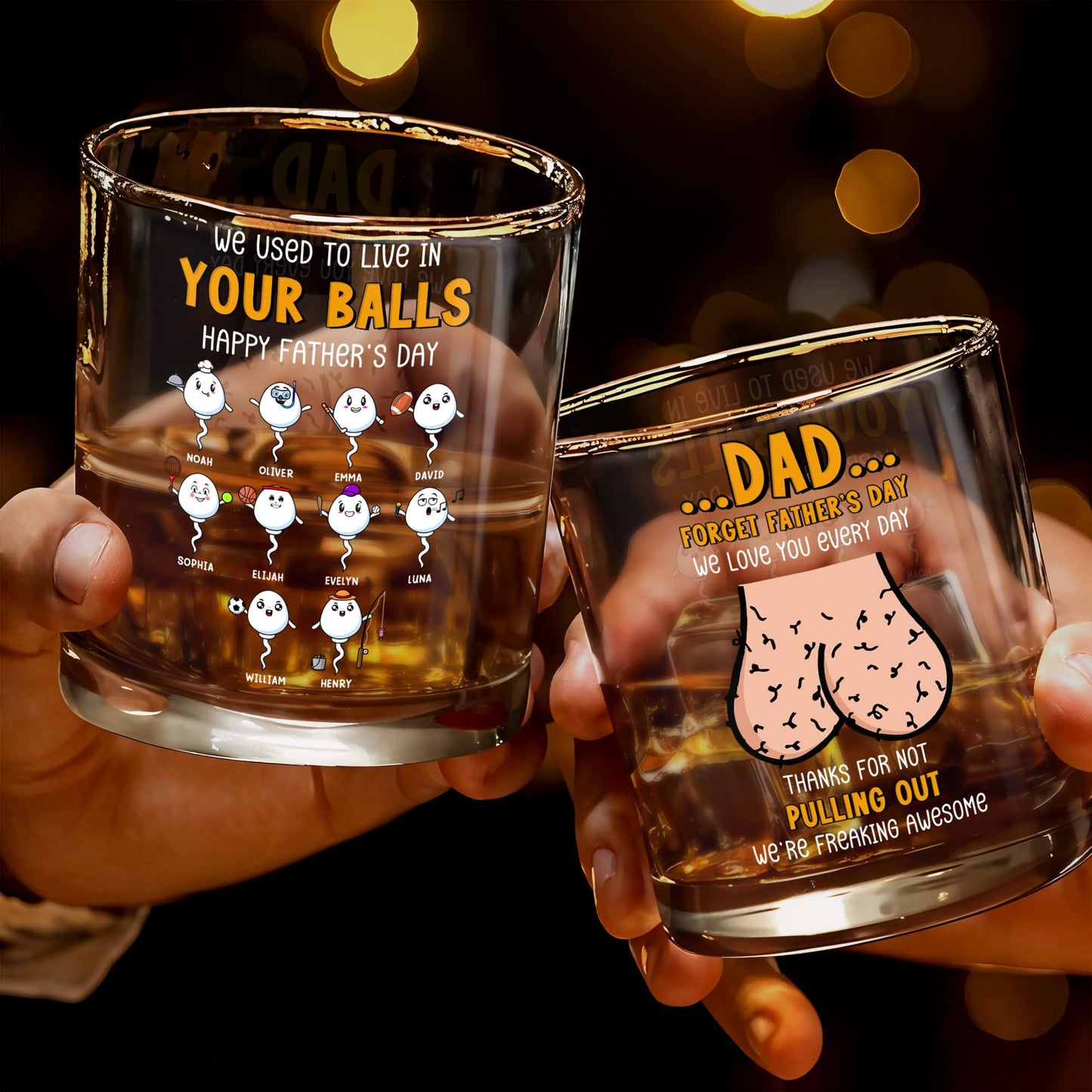 We Used To Live In Your Balls, Happy Father's Day, Cartoon Sperms - Personalized Custom Whiskey Glass - DAD054_RWG