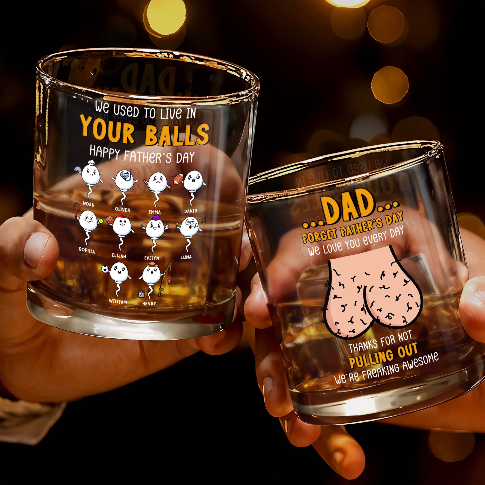 We Used To Live In Your Balls, Happy Father's Day, Cartoon Sperms - Personalized Custom Whiskey Glass - DAD054_RWG