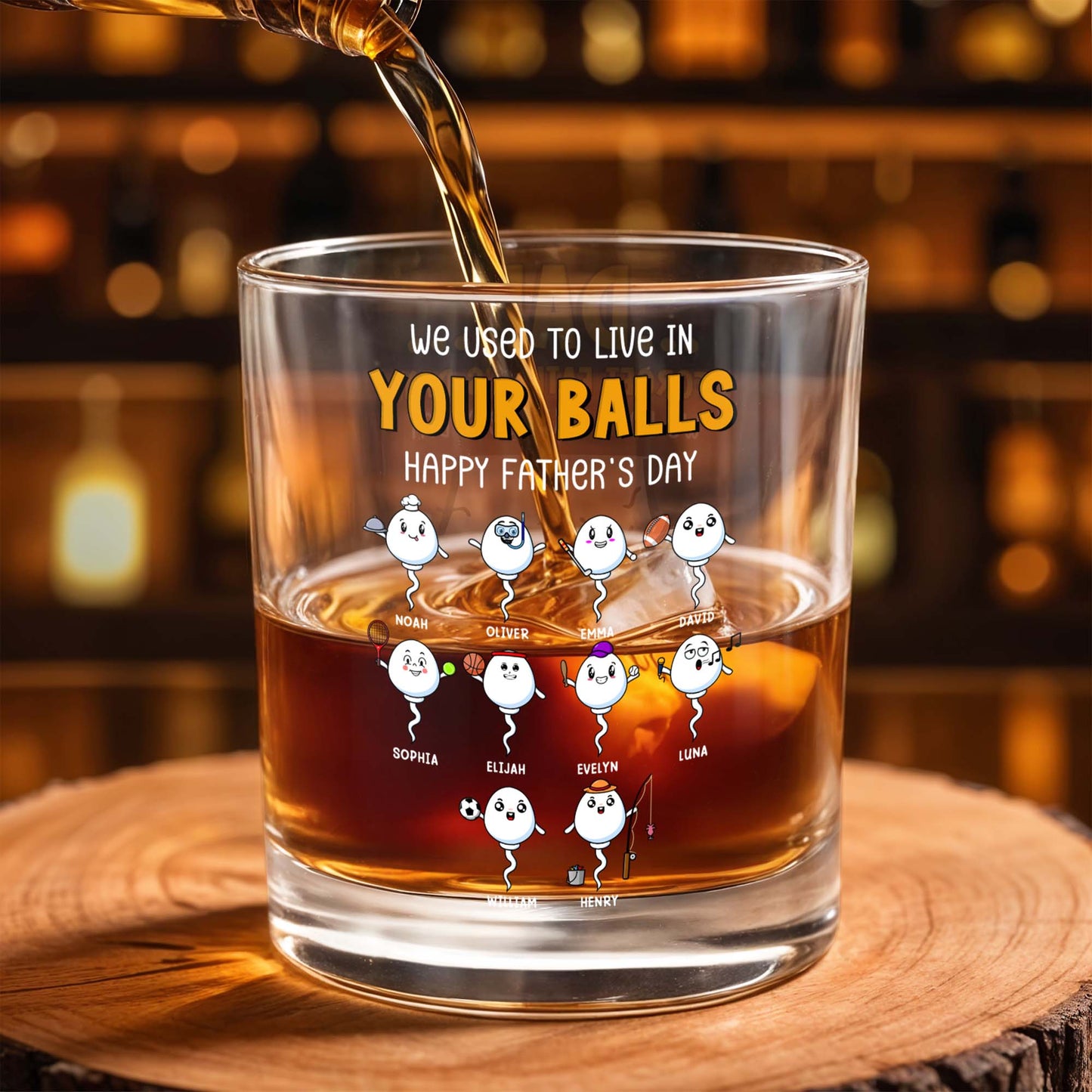 We Used To Live In Your Balls, Happy Father's Day, Cartoon Sperms - Personalized Custom Whiskey Glass - DAD054_RWG