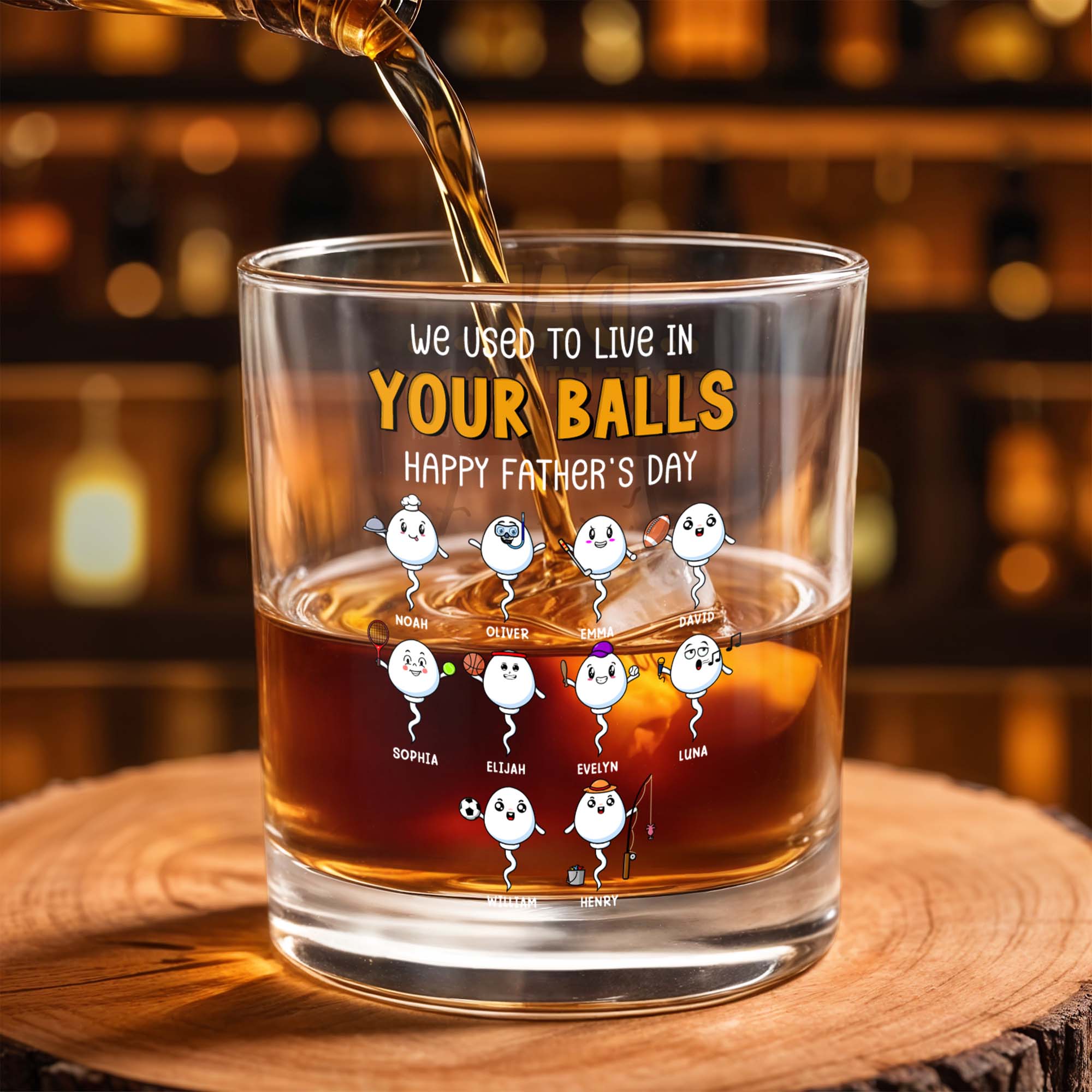 We Used To Live In Your Balls, Happy Father's Day, Cartoon Sperms - Personalized Custom Whiskey Glass - DAD054_RWG
