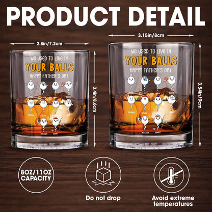 We Used To Live In Your Balls, Happy Father's Day, Cartoon Sperms - Personalized Custom Whiskey Glass - DAD054_RWG