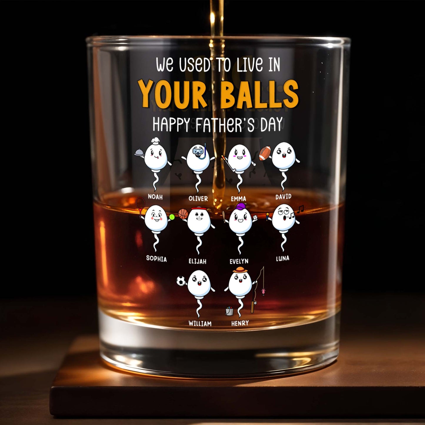 We Used To Live In Your Balls, Happy Father's Day, Cartoon Sperms - Personalized Custom Whiskey Glass - DAD054_RWG