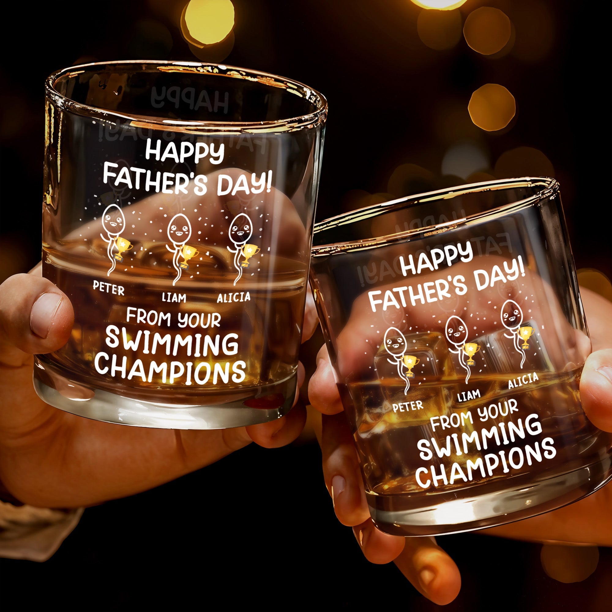 Happy Father's Day! From Your Swimming Champions, Trophy - Personalized Custom Whiskey Glass - DAD056_RWG