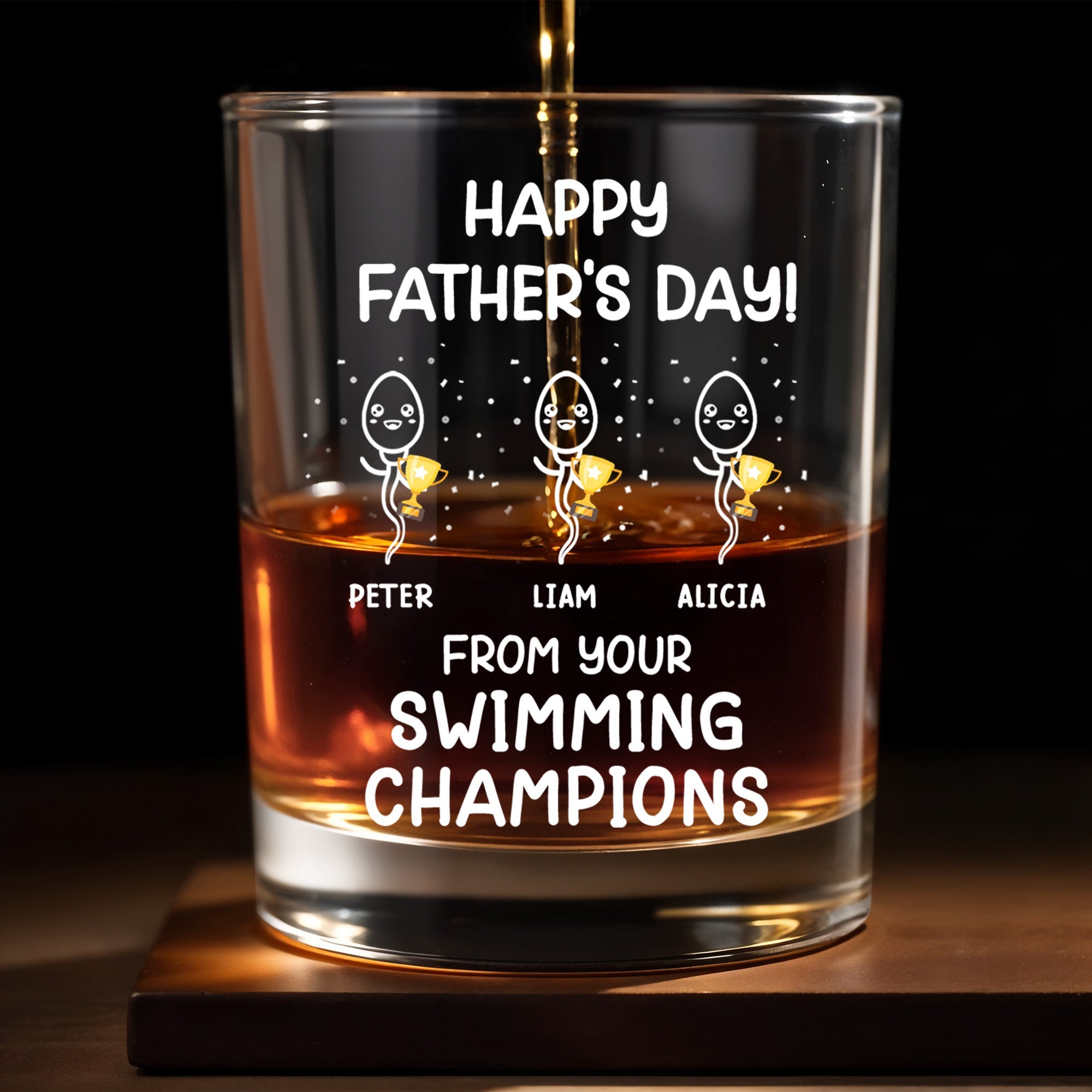 Happy Father's Day! From Your Swimming Champions, Trophy - Personalized Custom Whiskey Glass - DAD056_RWG