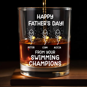 Happy Father's Day! From Your Swimming Champions, Trophy - Personalized Custom Whiskey Glass - DAD056_RWG
