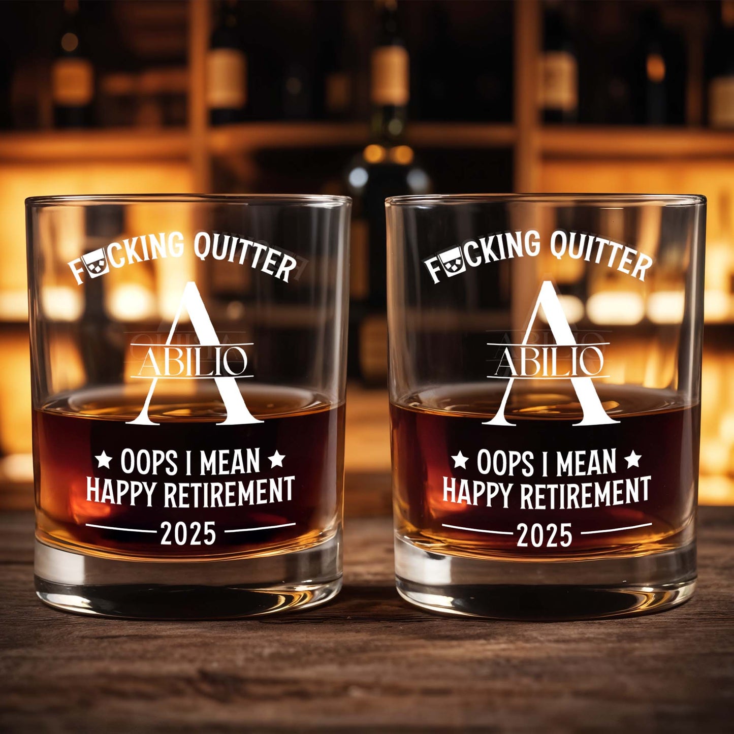 F**king Quitter, Oops I Mean Happy Retirement - Personalized Custom Whiskey Glass - DAD058_RWG