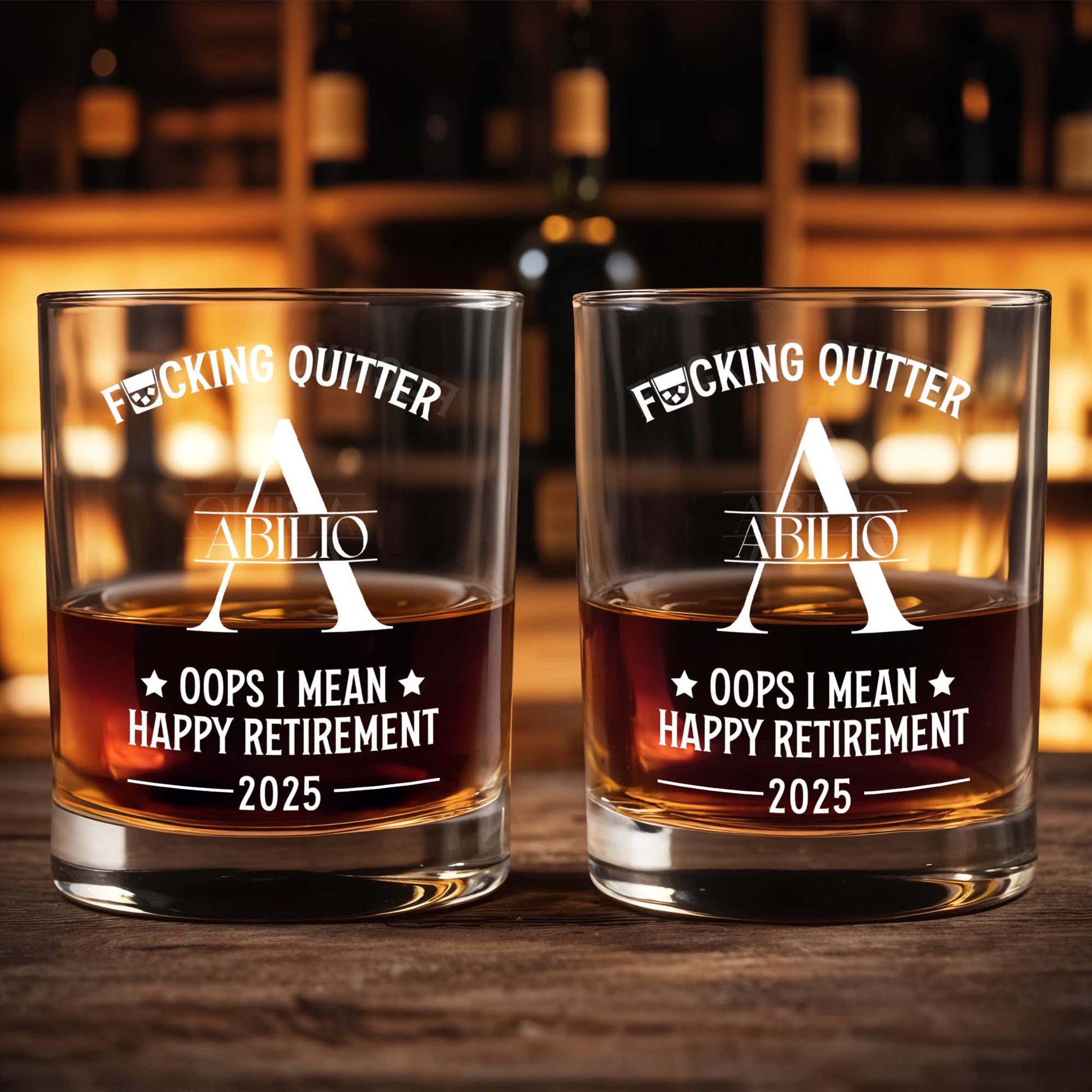 F**king Quitter, Oops I Mean Happy Retirement - Personalized Custom Whiskey Glass - DAD058_RWG