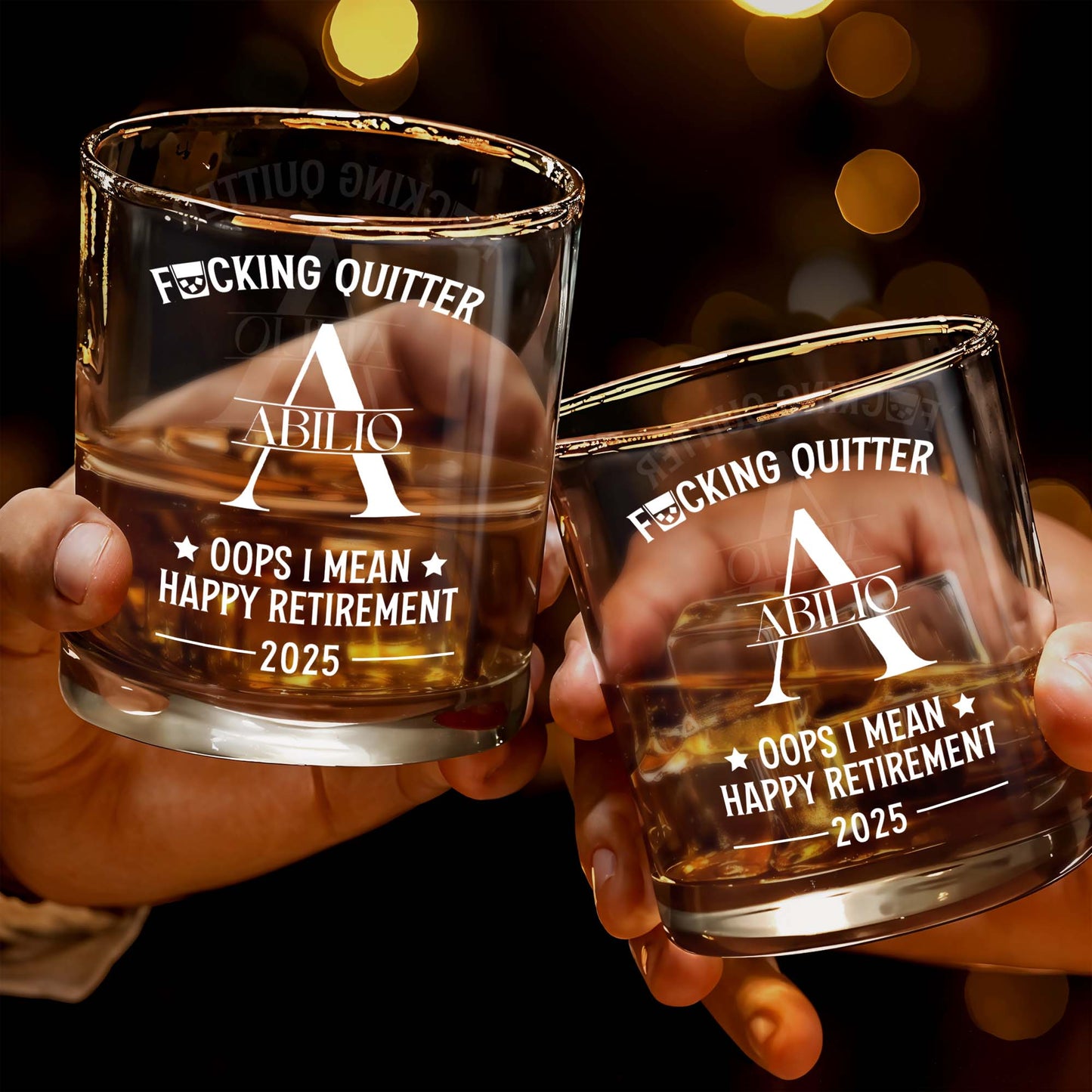 F**king Quitter, Oops I Mean Happy Retirement - Personalized Custom Whiskey Glass - DAD058_RWG