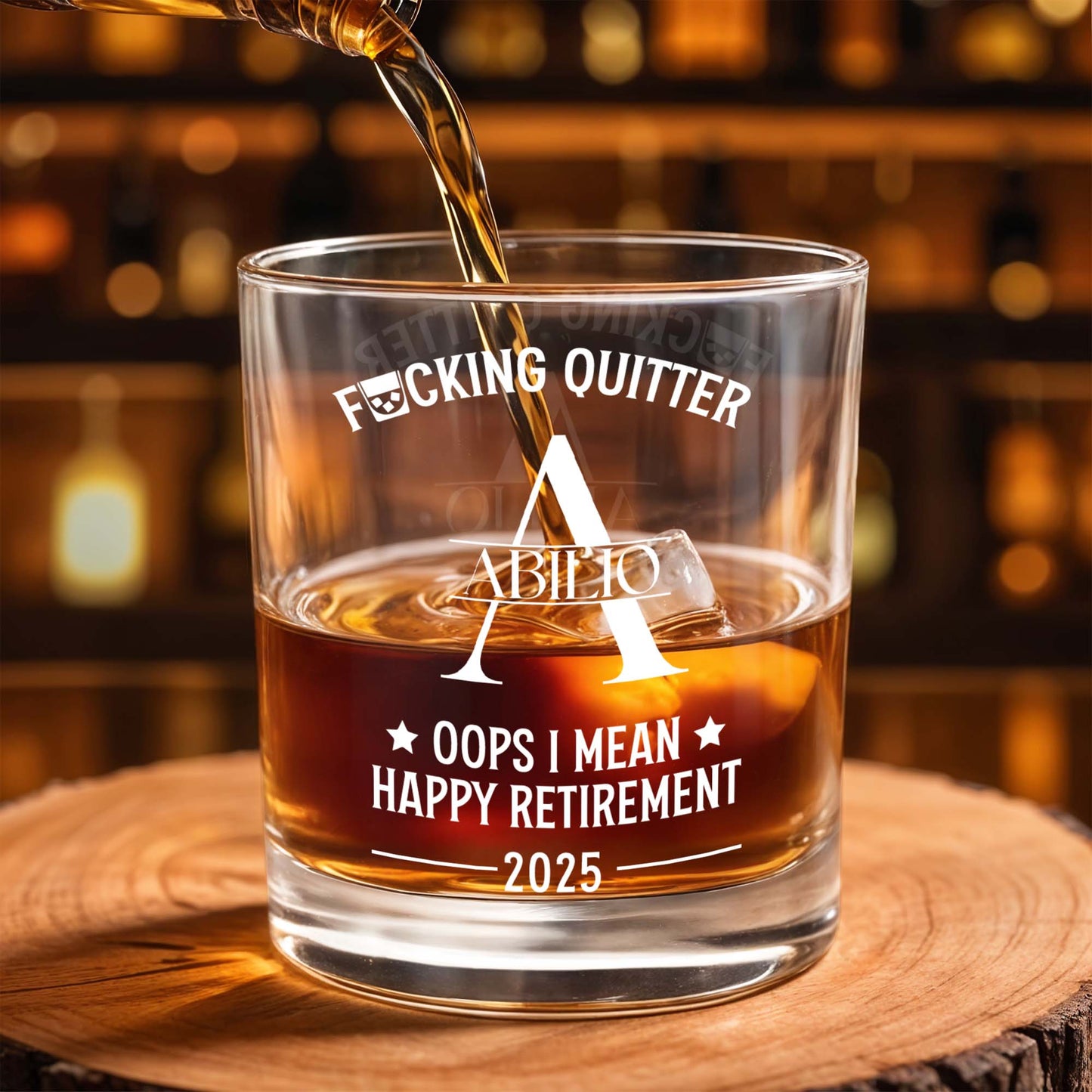 F**king Quitter, Oops I Mean Happy Retirement - Personalized Custom Whiskey Glass - DAD058_RWG