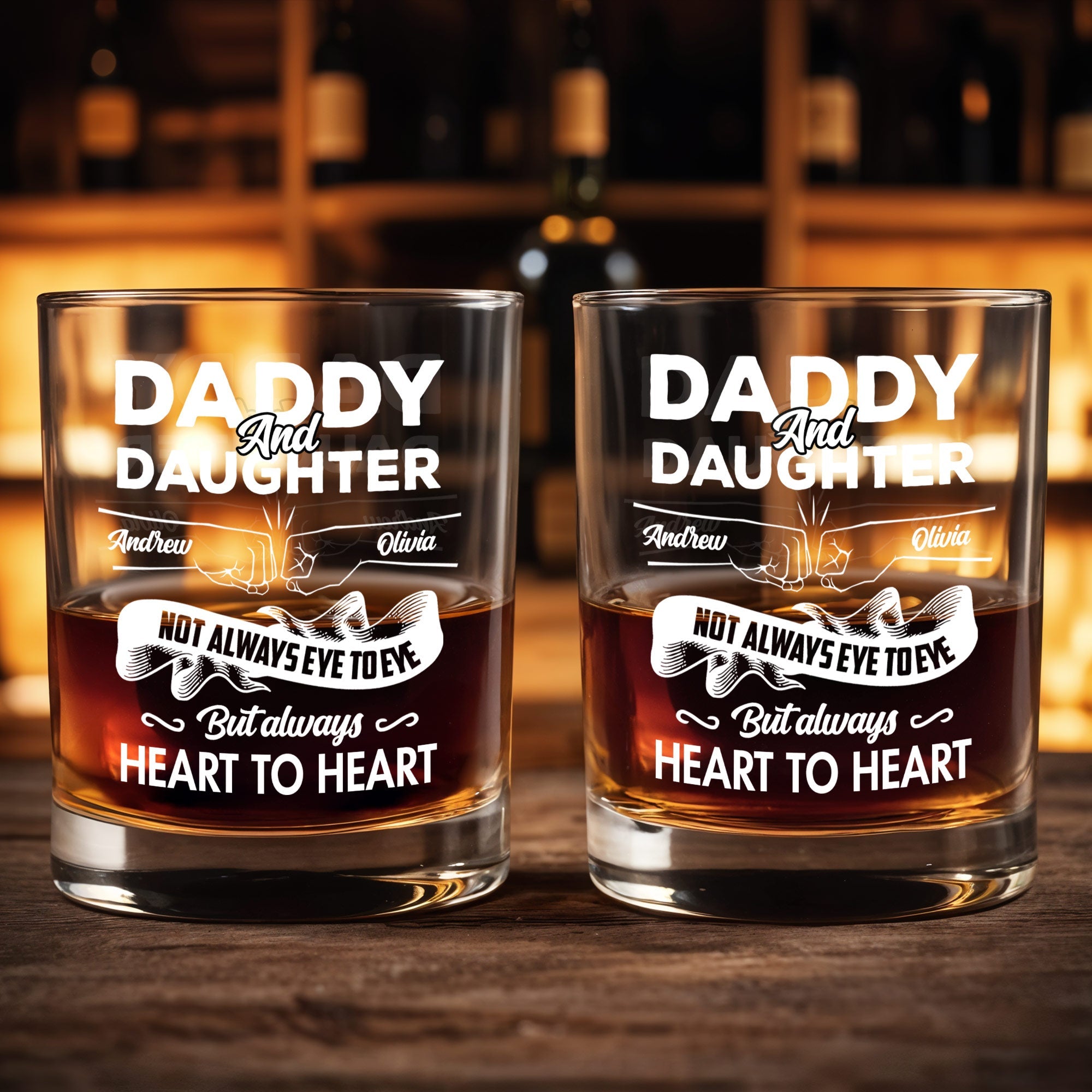 Daddy And Daughter, Not Always Eye To Eye But Always Heart To Heart, Hearts and Handshake - Personalized Custom Whiskey Glass - DAD069_RWG