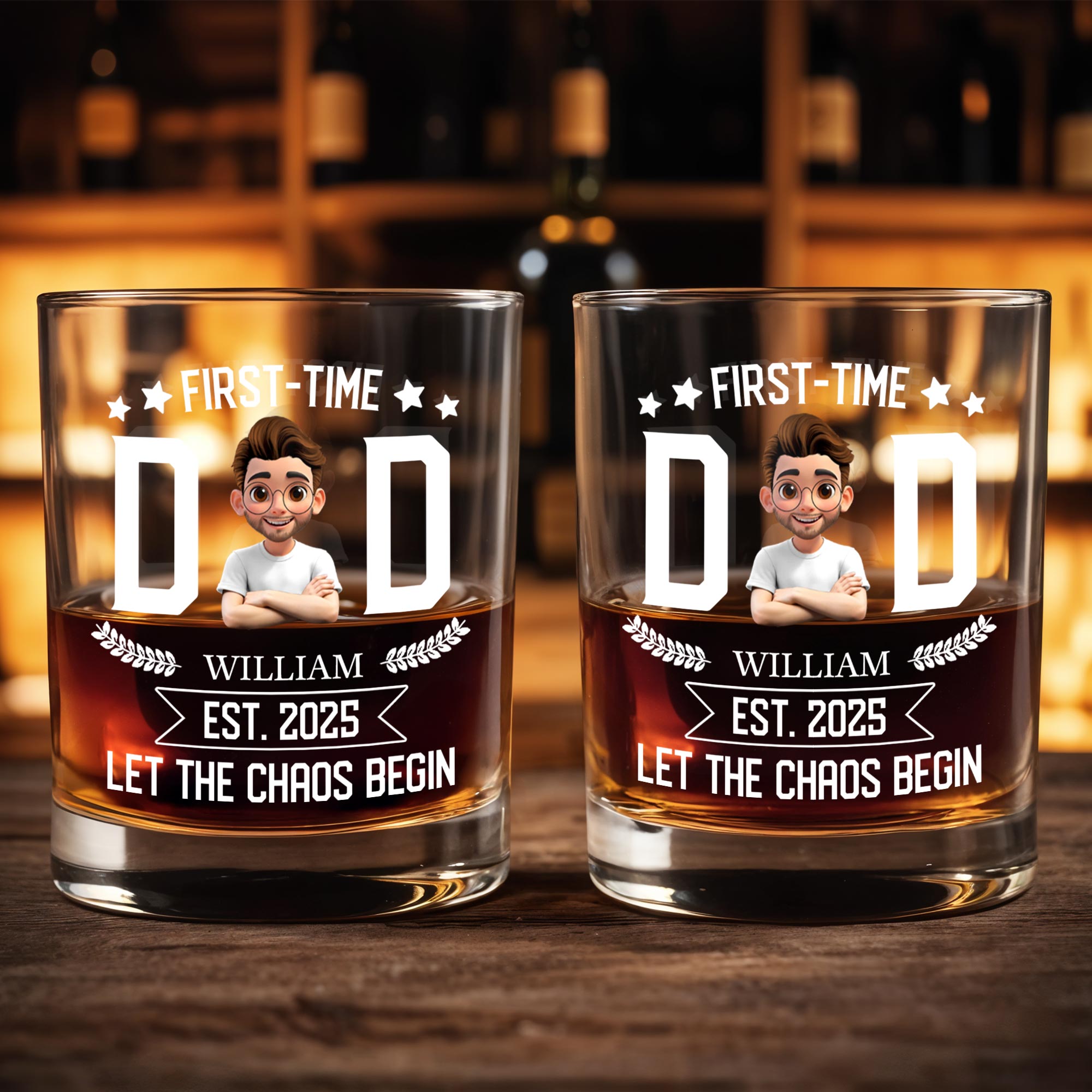First-Time Dad, Let The Chaos Begin, Stars and Laurel - Personalized Custom Whiskey Glass - DAD089_RWG
