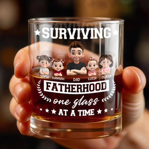 Surviving Fatherhood One Glass At A Time, Cartoon Family - Personalized Custom Whiskey Glass - DAD115_RWG