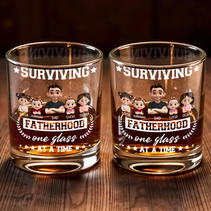 Surviving Fatherhood One Glass At A Time, Cartoon Family - Personalized Custom Whiskey Glass - DAD115_RWG