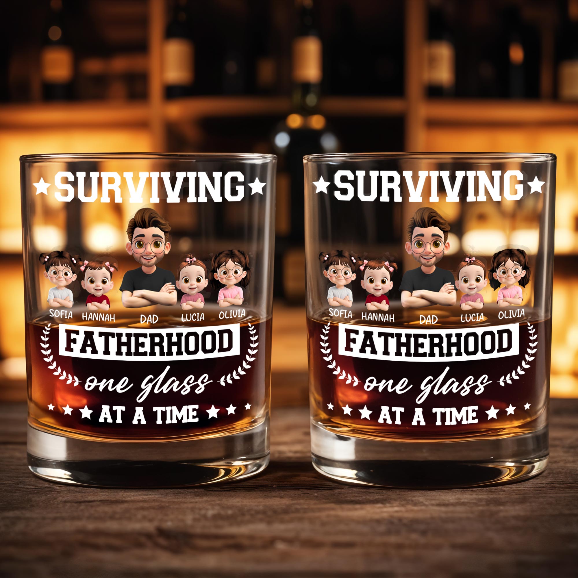 Surviving Fatherhood One Glass At A Time, Cartoon Family - Personalized Custom Whiskey Glass - DAD115_RWG