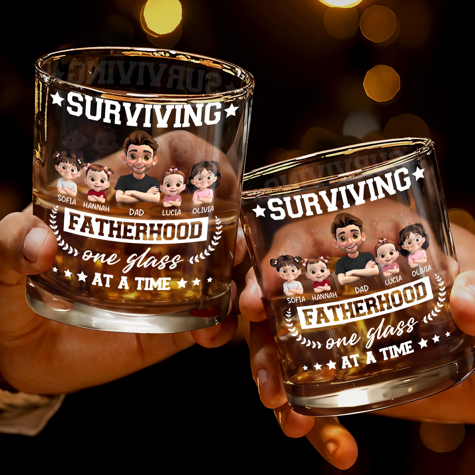 Surviving Fatherhood One Glass At A Time, Cartoon Family - Personalized Custom Whiskey Glass - DAD115_RWG