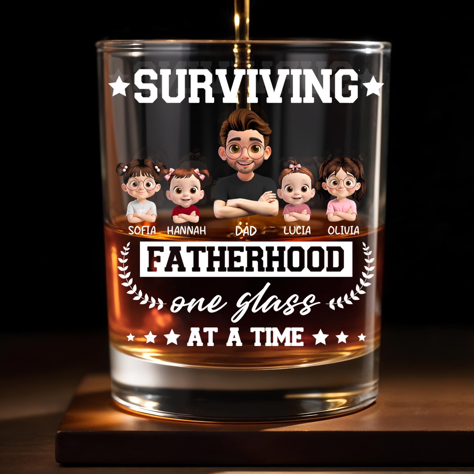 Surviving Fatherhood One Glass At A Time, Cartoon Family - Personalized Custom Whiskey Glass - DAD115_RWG